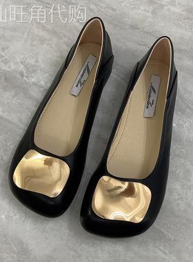 香港方扣真皮单鞋女大码平底鞋2025秋季新款百搭黑色浅口豆豆鞋女