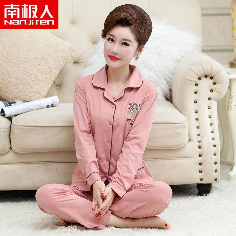中年妈妈睡衣女春秋100%纯棉长袖秋冬季中老年妇女款家居服套装