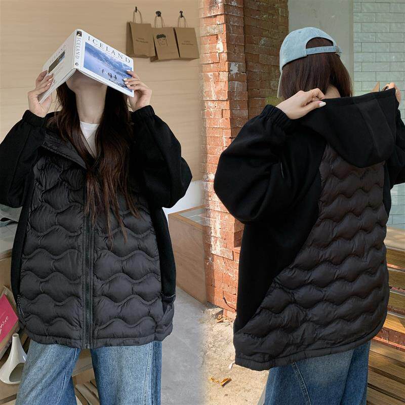 2025秋冬新款女式拼接袖绗缝棉服宽松连帽轻薄棉衣跨境棉衣外套潮