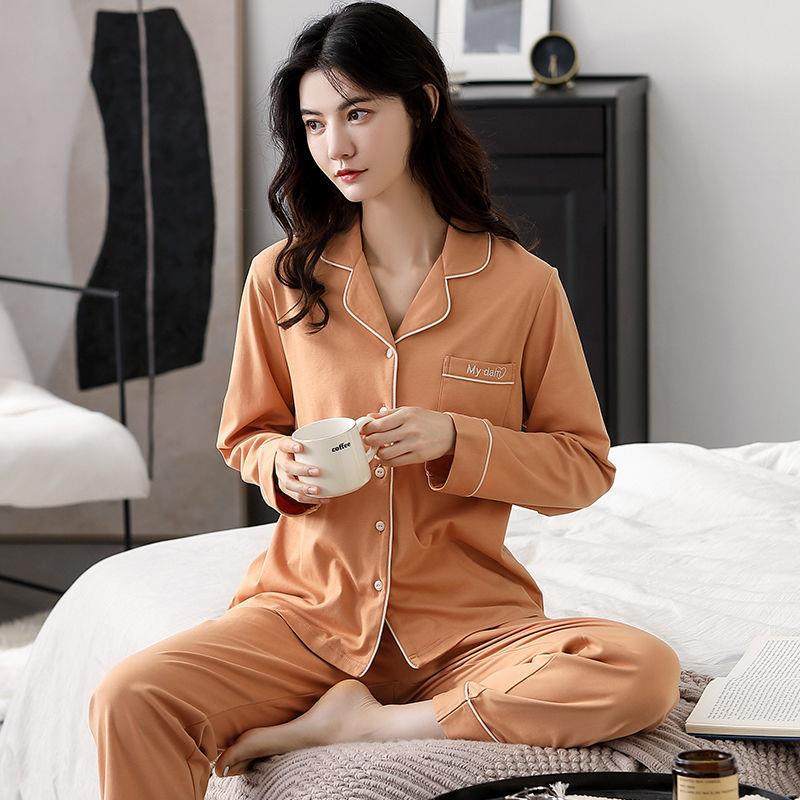 睡衣女长袖100%纯棉春秋季可外穿休闲秋冬款家居服月子服套装