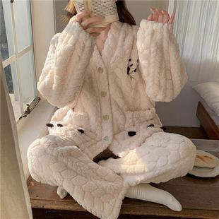 小熊猫珊瑚绒睡衣女士秋冬季新款加厚加绒法兰绒学生家居服套装