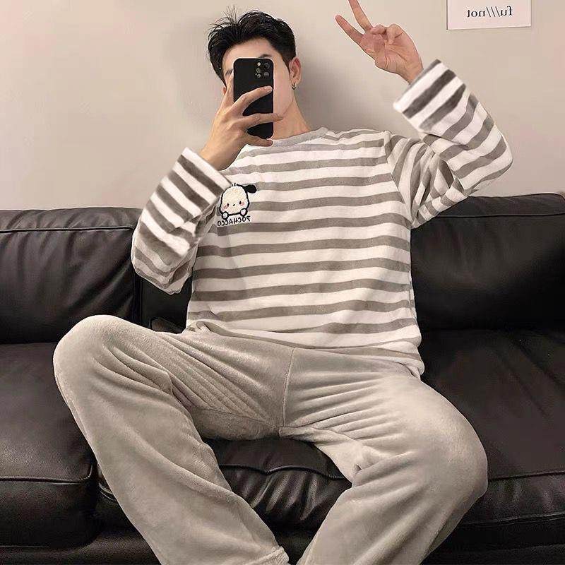 睡衣男款珊瑚绒加绒加厚冬天保暖休闲宽松大码法兰绒家居服男冬季