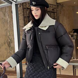 外贸小个子pu皮2025短款羽绒棉服女冬季针织新款撞色保暖棉袄外套