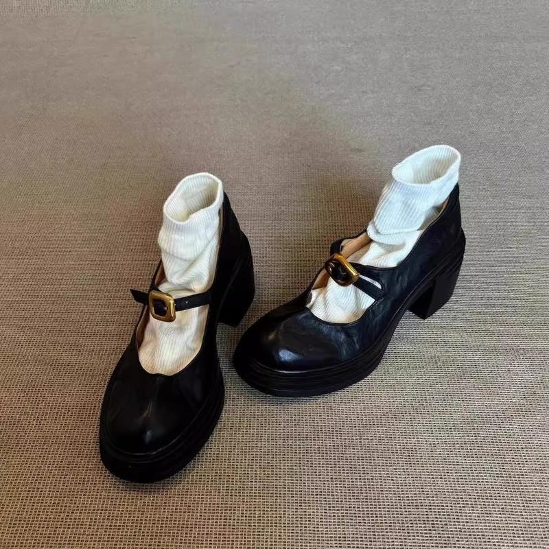 法式复古圆头厚底小皮鞋粗跟单鞋