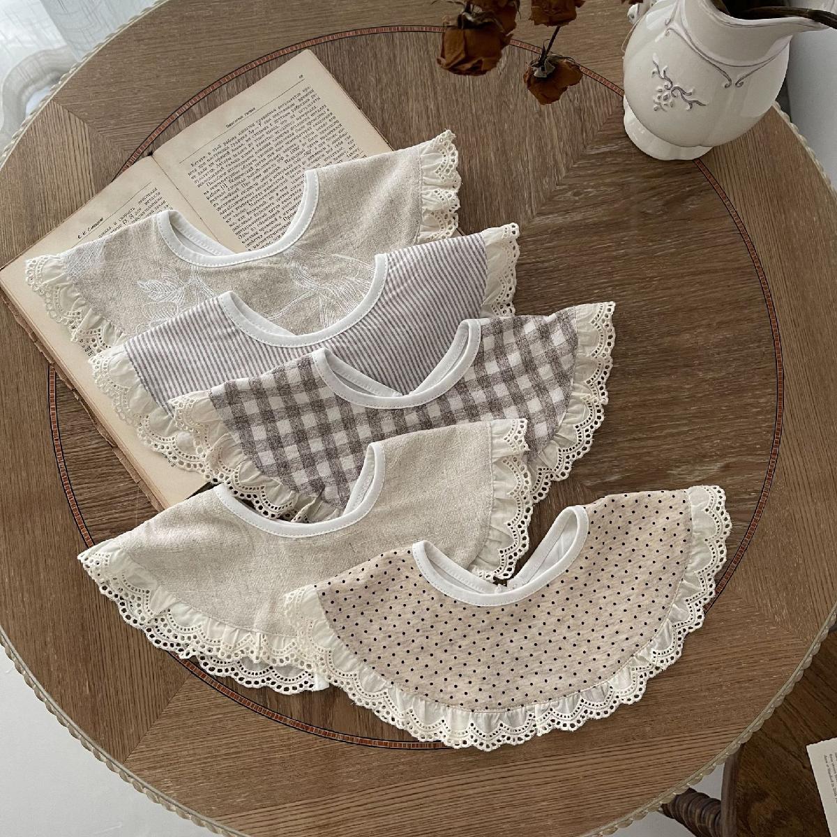 韩国女宝宝蕾丝边棉麻口水巾婴儿百搭假领子幼儿洋气碎花小围嘴潮