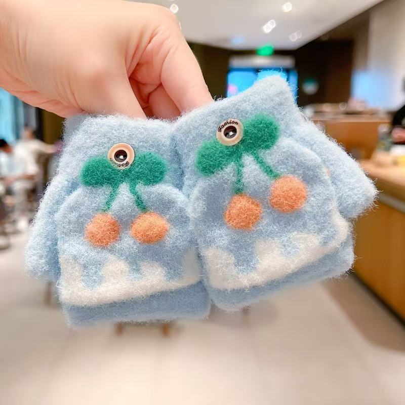 日本品质秋冬卡通水果儿童翻盖手套露指户外防寒男女宝宝幼儿半指