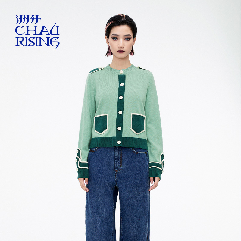 学院风logo撞边羊绒开衫上衣