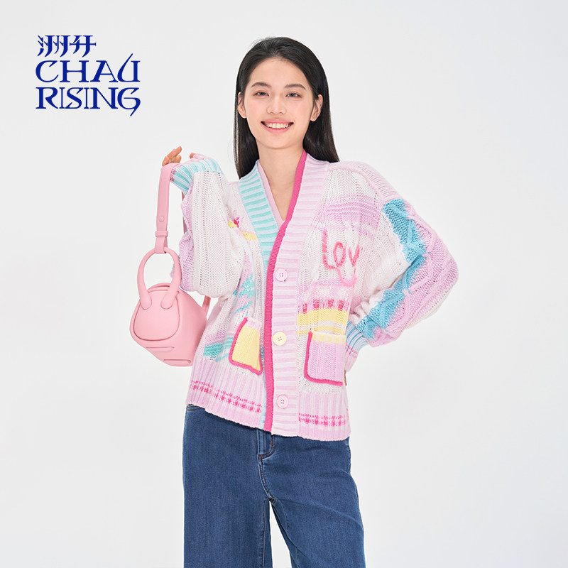 洲升/CHAU.RISING秋冬新款撞色甜蜜双门襟粗针织短开衫上衣女,女装/女士精品,羊绒衫,淘宝优惠券,粉丝福利购,淘宝优惠卷