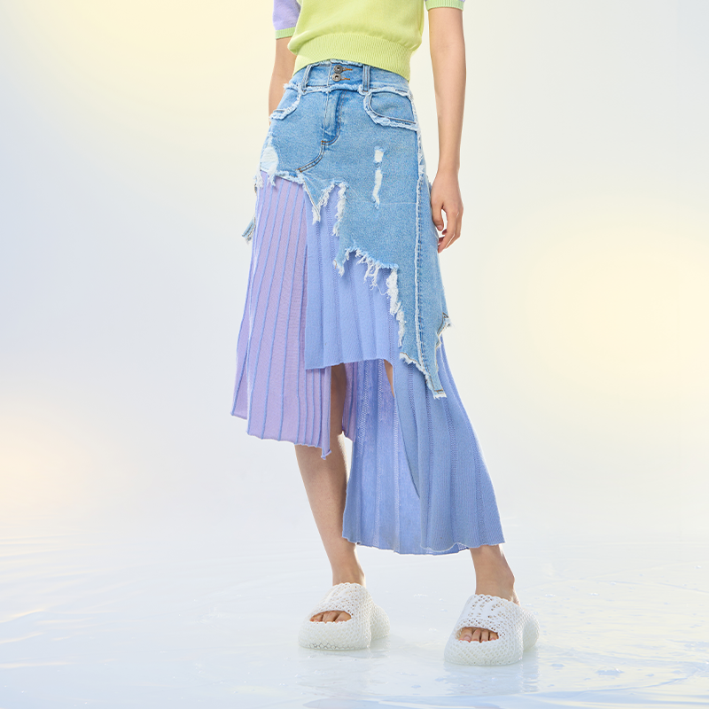 牛仔拼羊毛不规则半身裙