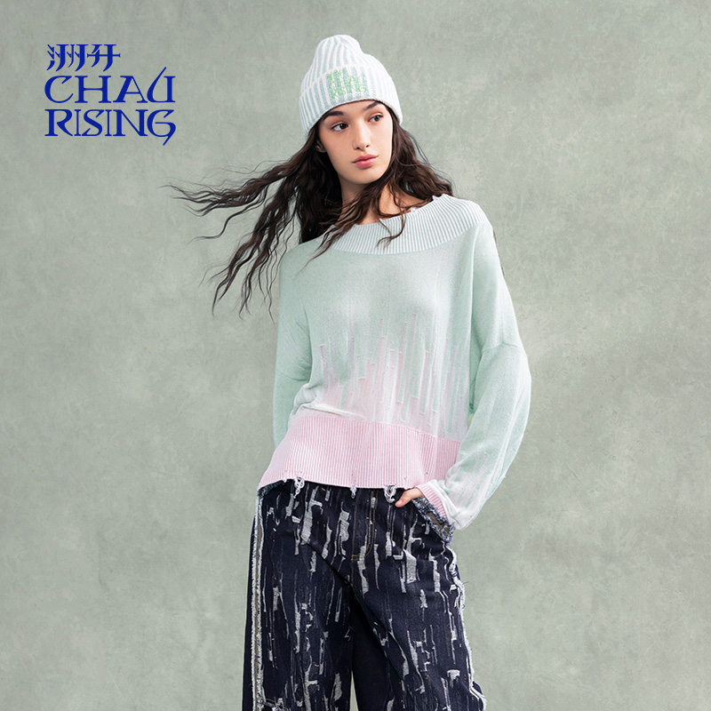 洲升/CHAU.RISING2025秋冬新款不规则渐变羊绒套头衫针织衫上衣女