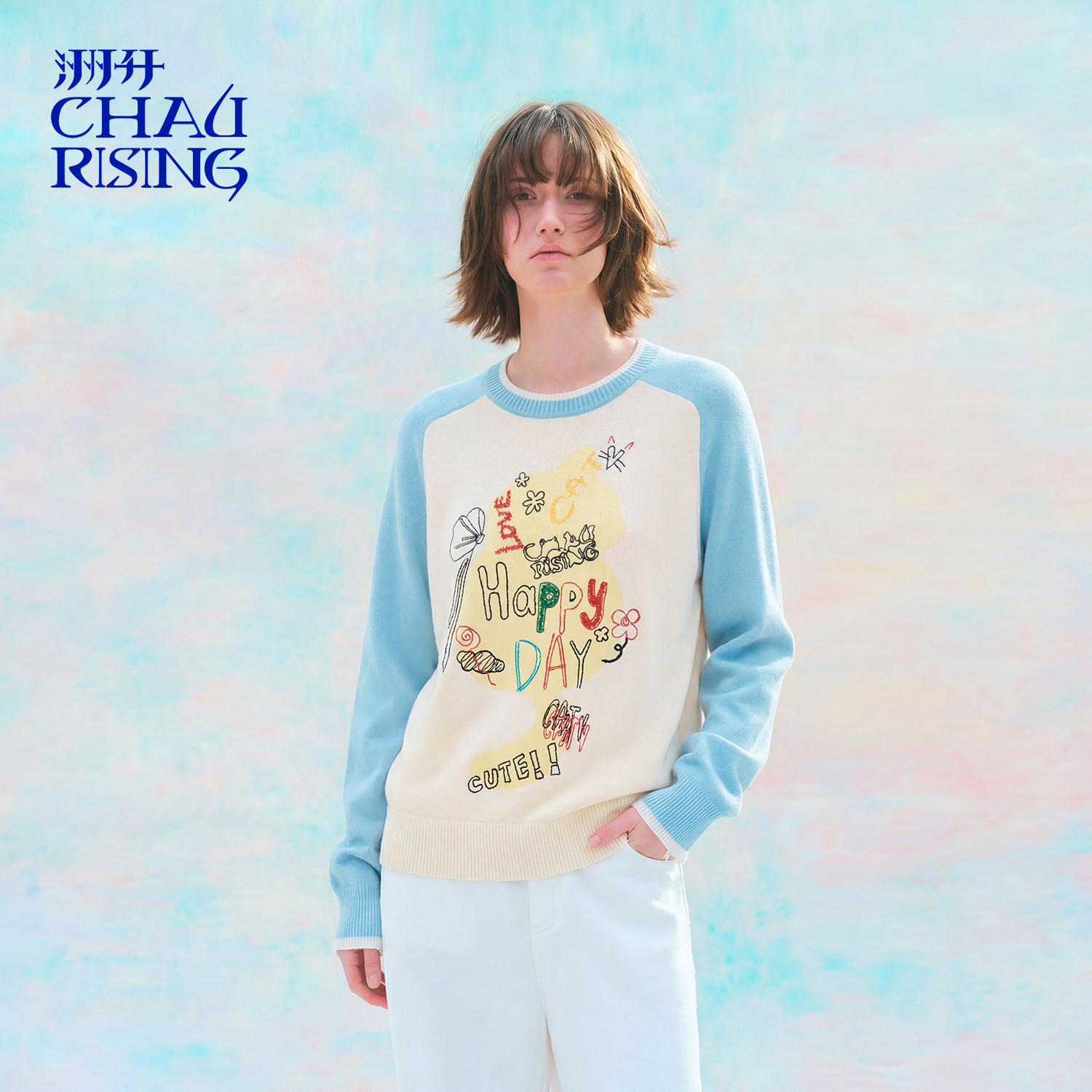 洲升/CHAU.RISING春季新款插肩彩色绣花羊毛套头毛衣显瘦女士