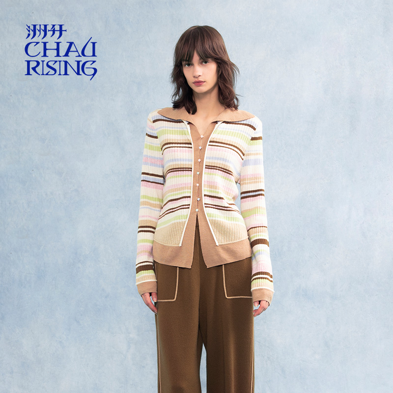 新款条纹假两件开衫复古显瘦打底