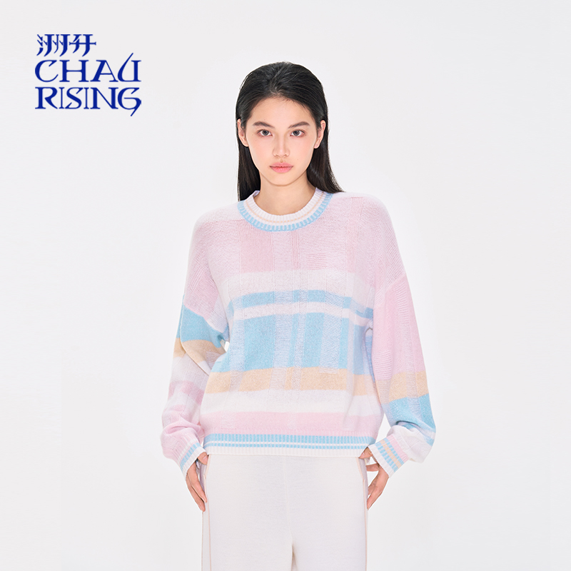 秋冬新款条纹圆领羊毛套头衫