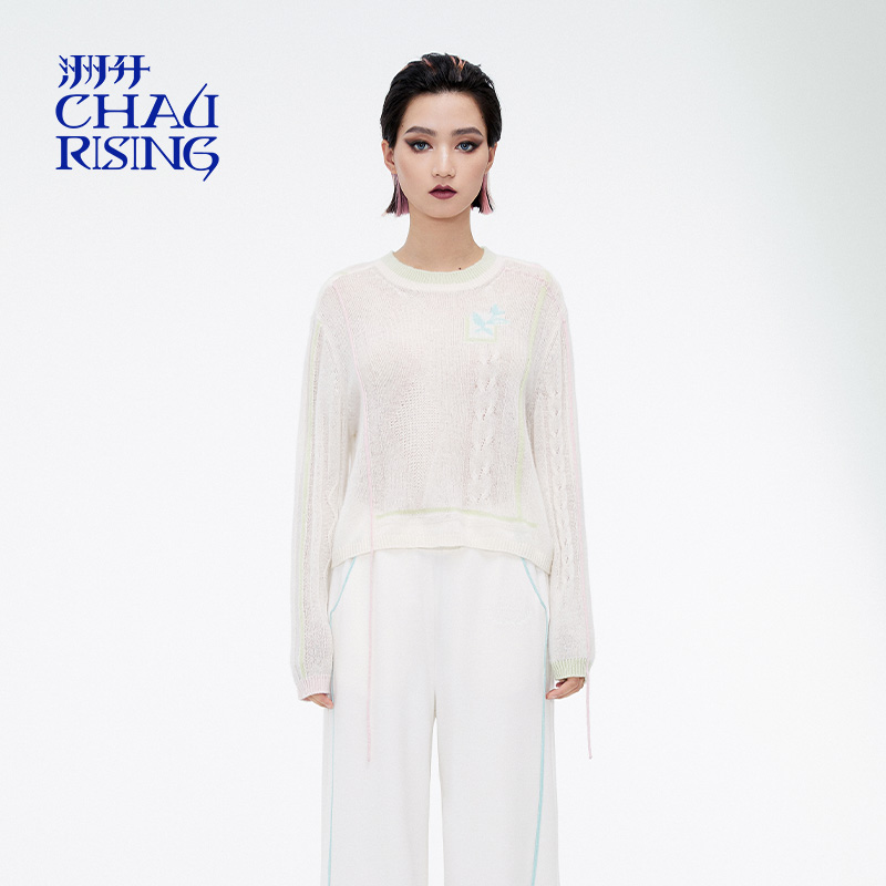 洲升/CHAU.RISING秋季新款撞线山羊绒宽松套头羊绒衫上衣