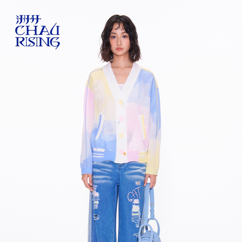 洲升/CHAU.RISING春夏可露丽穿搭彩色v领宽襟撞色休闲棉开衫