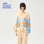 洲升 CHAU.RISING复古宽松女海洋羊毛V领卫衣拼接开衫 休闲好搭