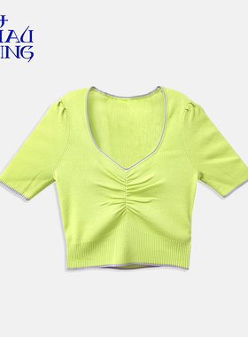 洲升/CHAU.RISING春夏低领针织羊毛女衫修身短袖上衣原创设计女