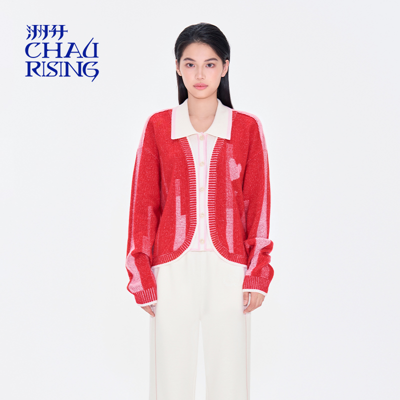 撞色翻领休闲羊绒开衫针织衫