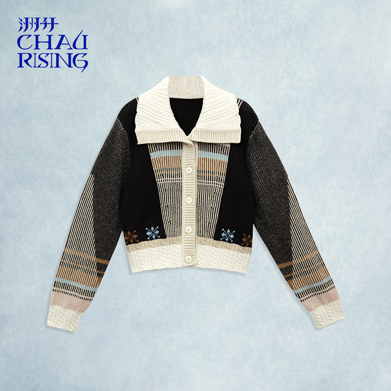 秋冬新款大翻领拼接羊绒开衫