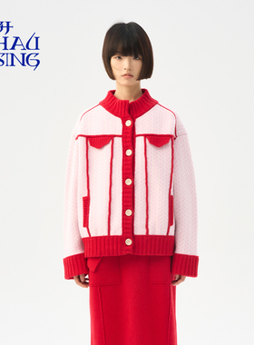 洲升/CHAU.RISING复古短款羊毛毛衣厚女红色针织开衫外套秋冬新品