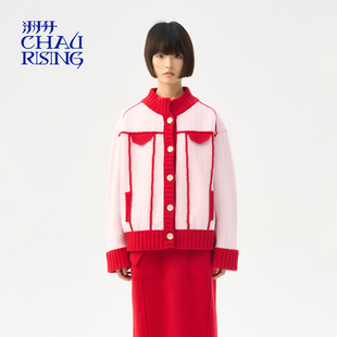 外套秋冬新品 羊毛毛衣厚女红色针织开衫 CHAU.RISING复古短款 洲升