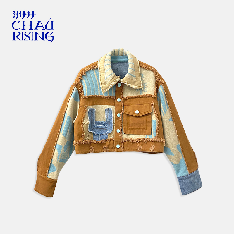 牛仔拼羊毛提花外套女