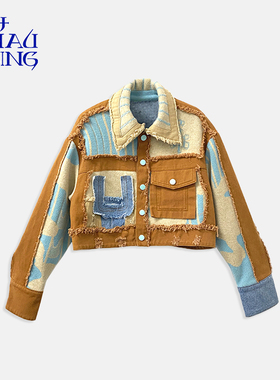 洲升/CHAU.RISING秋冬牛仔拼羊毛提花外套复古短款上衣显瘦女