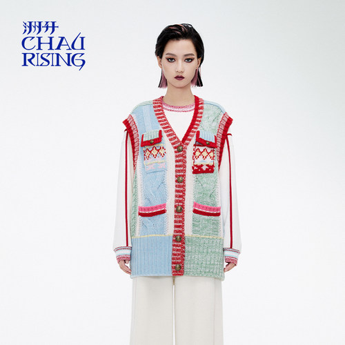 洲升/CHAU.RISING冬季新款撞色长款拼接羊毛开衫马甲外套上衣