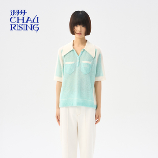 CHAU.RISING24春夏新款 针织衫 洲升 休闲短袖 女羊绒半袖 撞边POLO衫