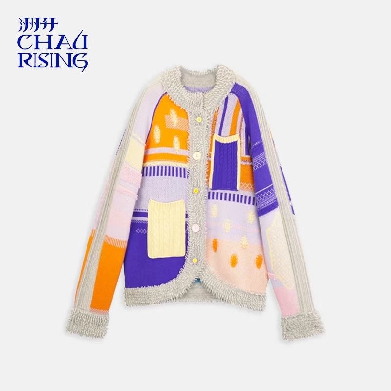 圈圈领撞色羊毛长开衫