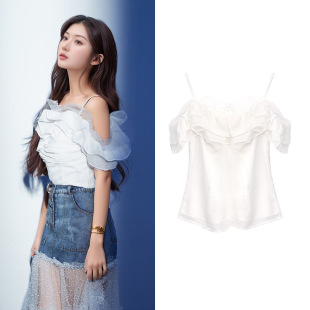 设计感减龄荷叶袖 新款 一字肩白色吊带上衣女 夏季 欧洲代李紫婷同款