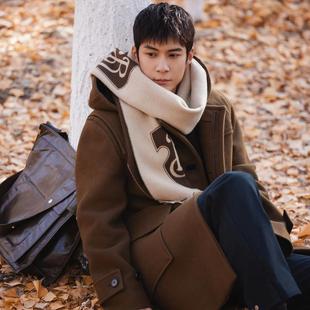 韩东君明星同款衣服咖啡色牛角扣毛呢外套中长款连帽呢子大衣男装