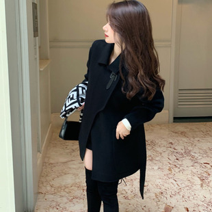 白色双面羊绒大衣女短款小个子高端赫本风收腰系带韩版羊毛呢外套