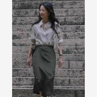 时尚半熟男女周雨彤韩苏同款灰色衬衫设计感小众休闲职业气质衬衣