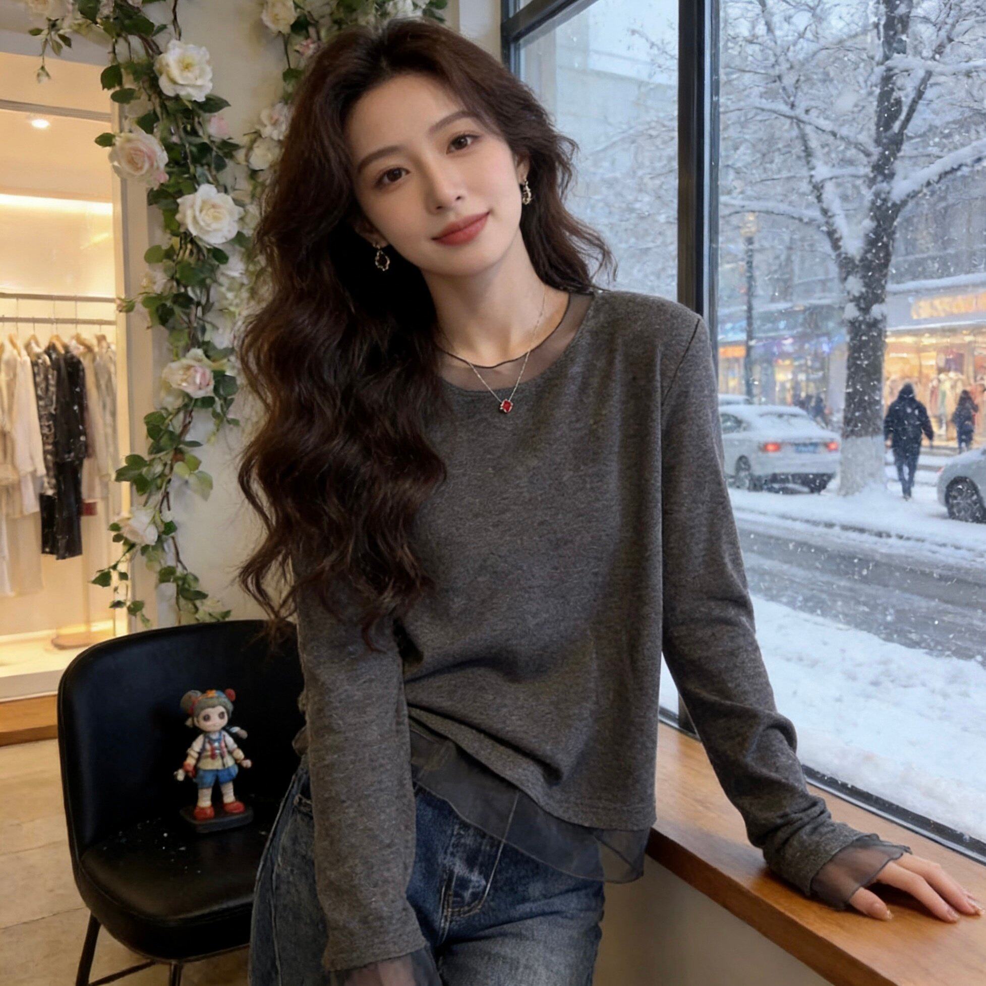 灰色雪纺拼接长袖T恤女2026新款休闲减龄内搭打底衫百搭显瘦上衣