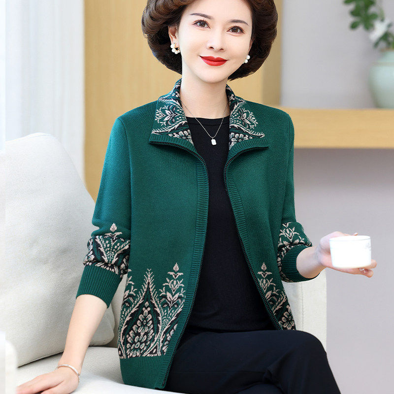 时尚中年妈妈翻领针织外套女士2026年新款春季夹克衫大码休闲上衣
