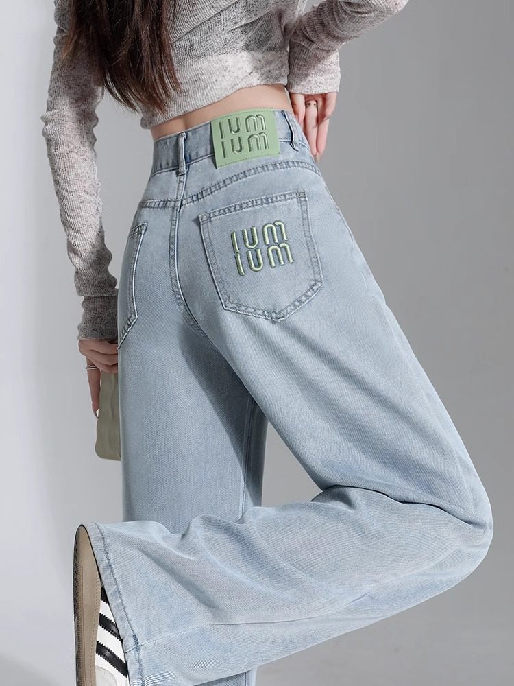 浅色高腰直筒牛仔裤女2025新款春秋季爆款流行宽松刺绣窄版阔腿裤,女装/女士精品,卫裤,淘宝优惠券,粉丝福利购,淘宝优惠卷