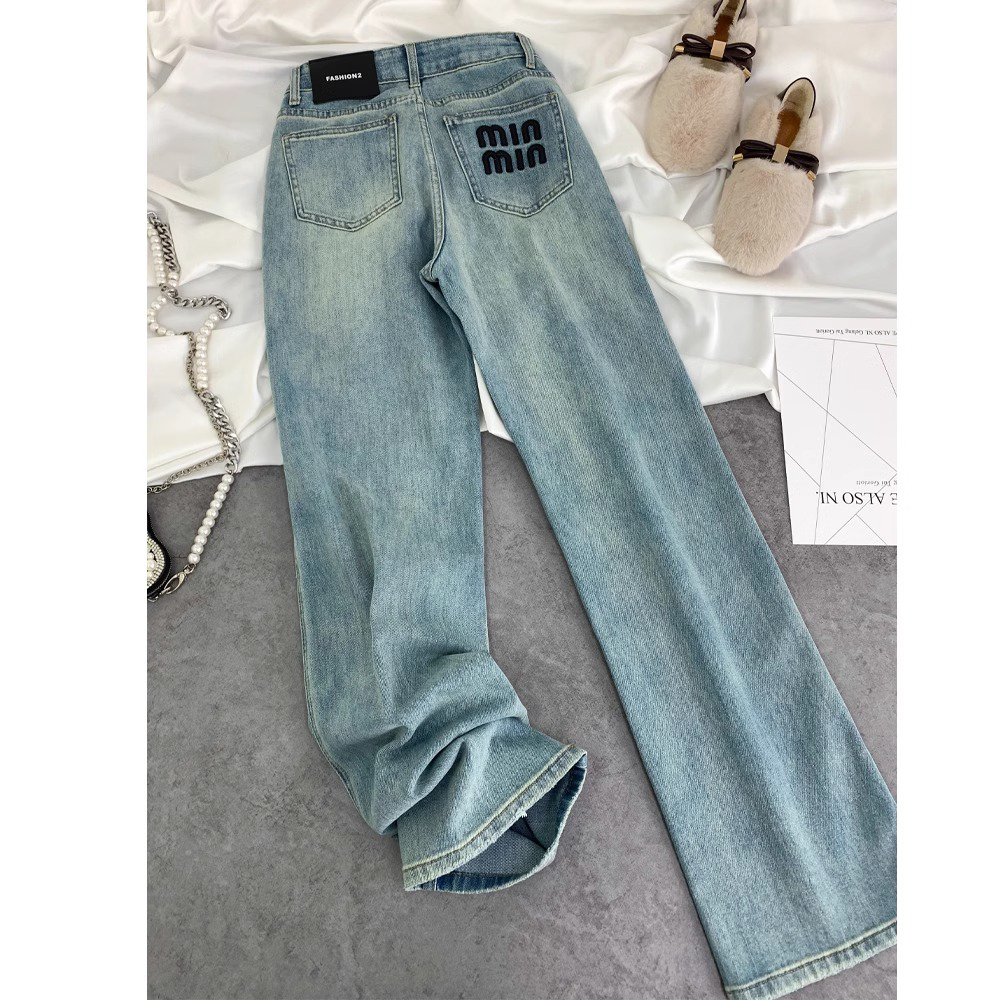 浅色高腰阔腿牛仔裤女2025新款春秋季宽松显瘦弹力字母刺绣直筒裤