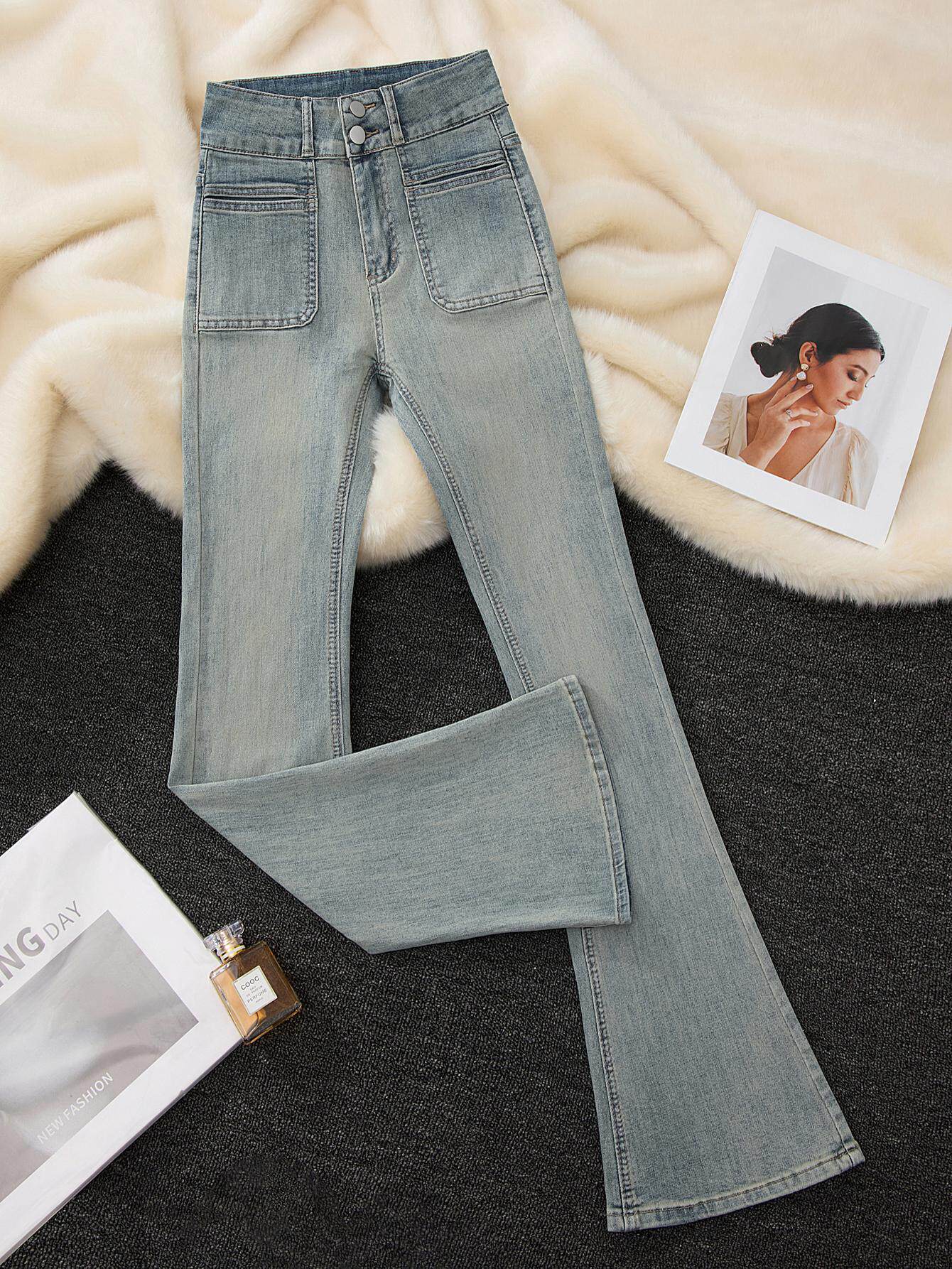 韩式高腰靴型女士牛仔裤2025年春季和秋季新热风格显瘦Look喇叭马