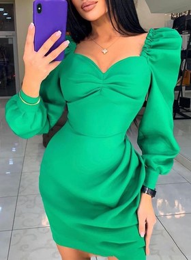 Green bubble sleeve Pleated Dress绿色泡泡袖收腰抓褶连衣裙女