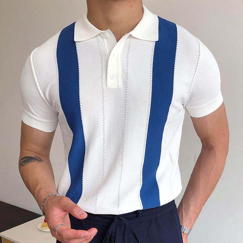 2024欧美男士夏季短袖针织衫白色条纹修身POLO衫潮Men's T-sh