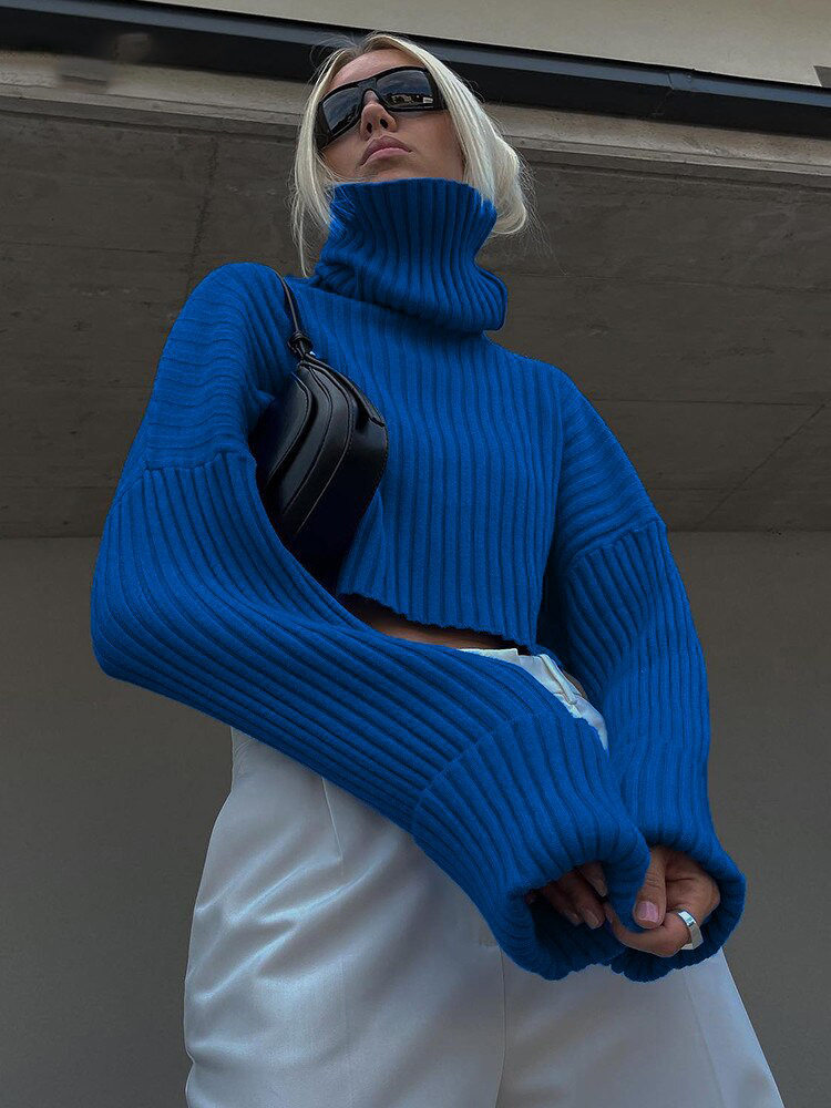 2022 autumn turtleneck woolen sleeve short sweater women