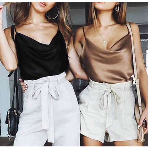 Tops Solid Satin Backless Sexy Camis Shirts Feminino Casual