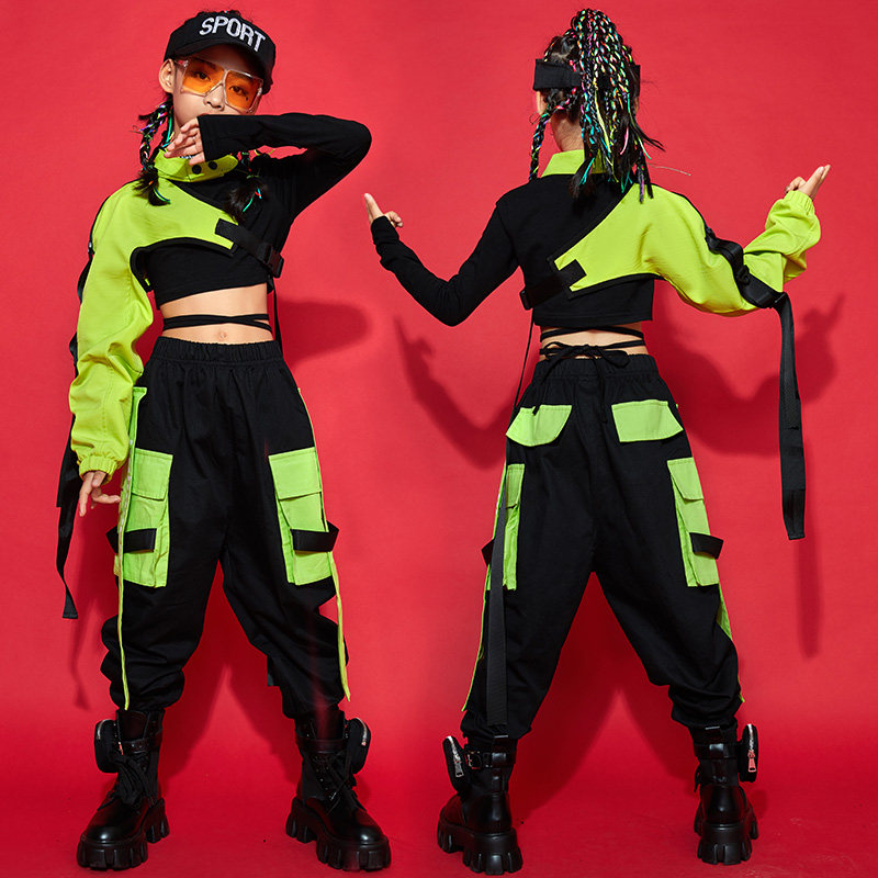 女童爵士舞服装帅气飘带袖街舞演出服套装少儿嘻哈hiphop走秀潮服