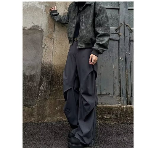 小众设计感褶皱伞兵休闲黑色西裤