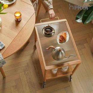 小推车式茶几北欧实木沙发边几小户型客厅樱桃色玻璃茶几日式可移