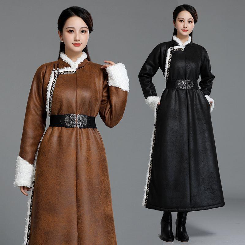 蒙古服装女款秋冬女士蒙古袍保暖传统棉衣外套蒙古元素服装仿皮毛
