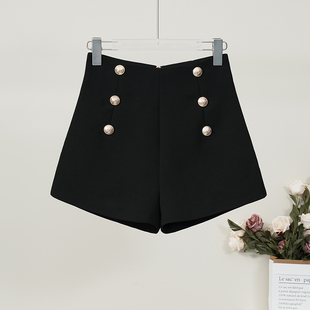 短裤 休闲高腰a字靴裤 女秋冬季 阔腿裤 外穿配靴子 双排扣黑色西装