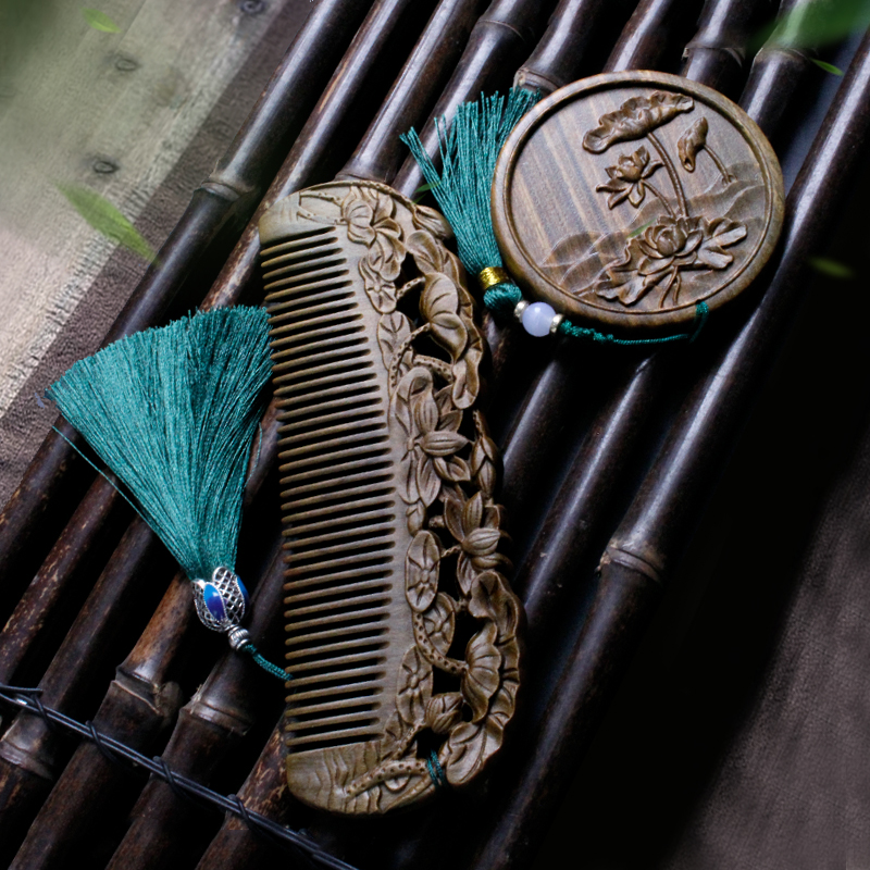 天然绿檀木梳镜迷你套装复古风小圆镜子雕花网便携梳镜送节日礼物