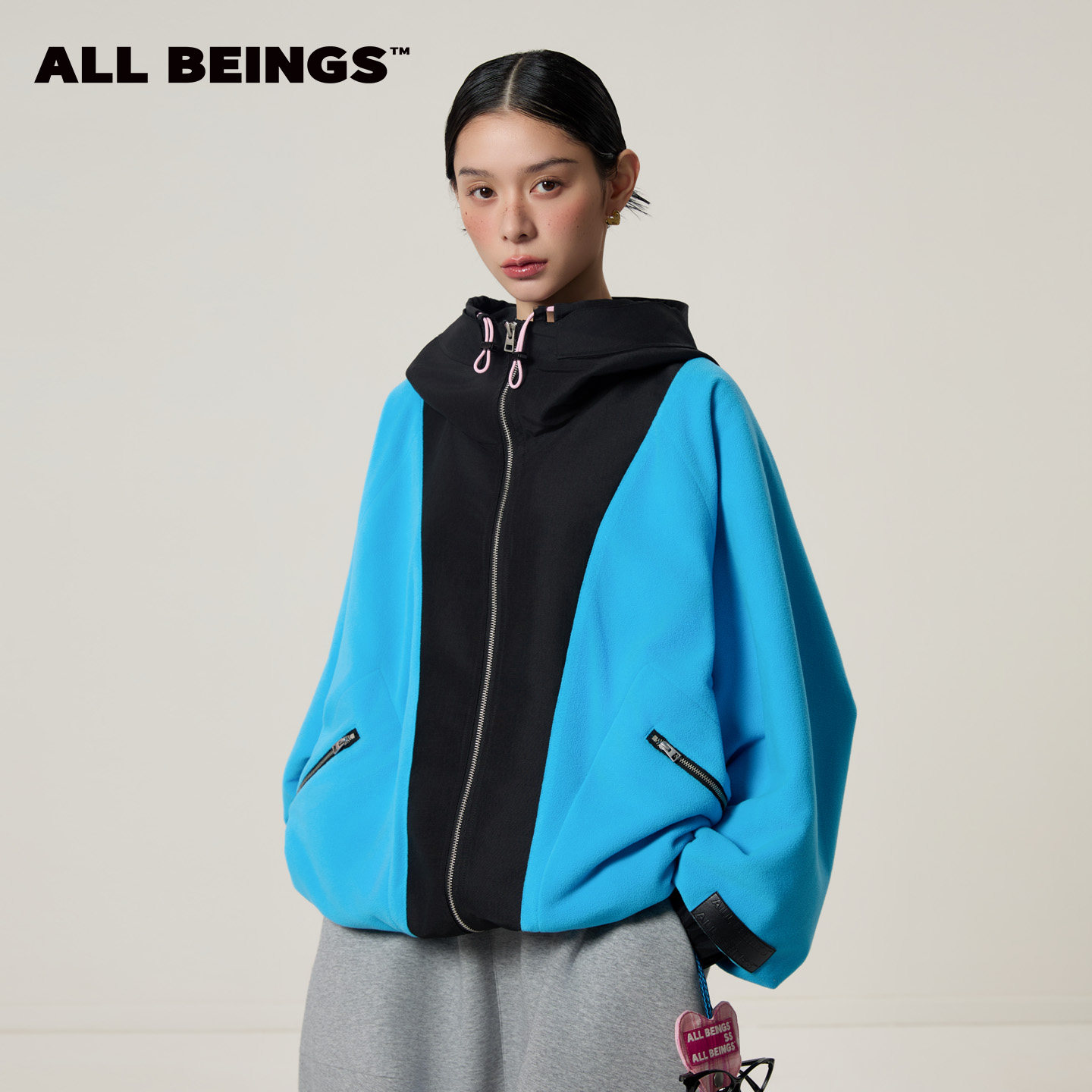 ALL BEINGS26SS新款湖蓝色保暖抓绒廓形拉链连帽立领外套上衣女